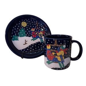 Vintage 1989 Lillian Vernon winter scenes dessert and mug sets, Ski lift, set/2